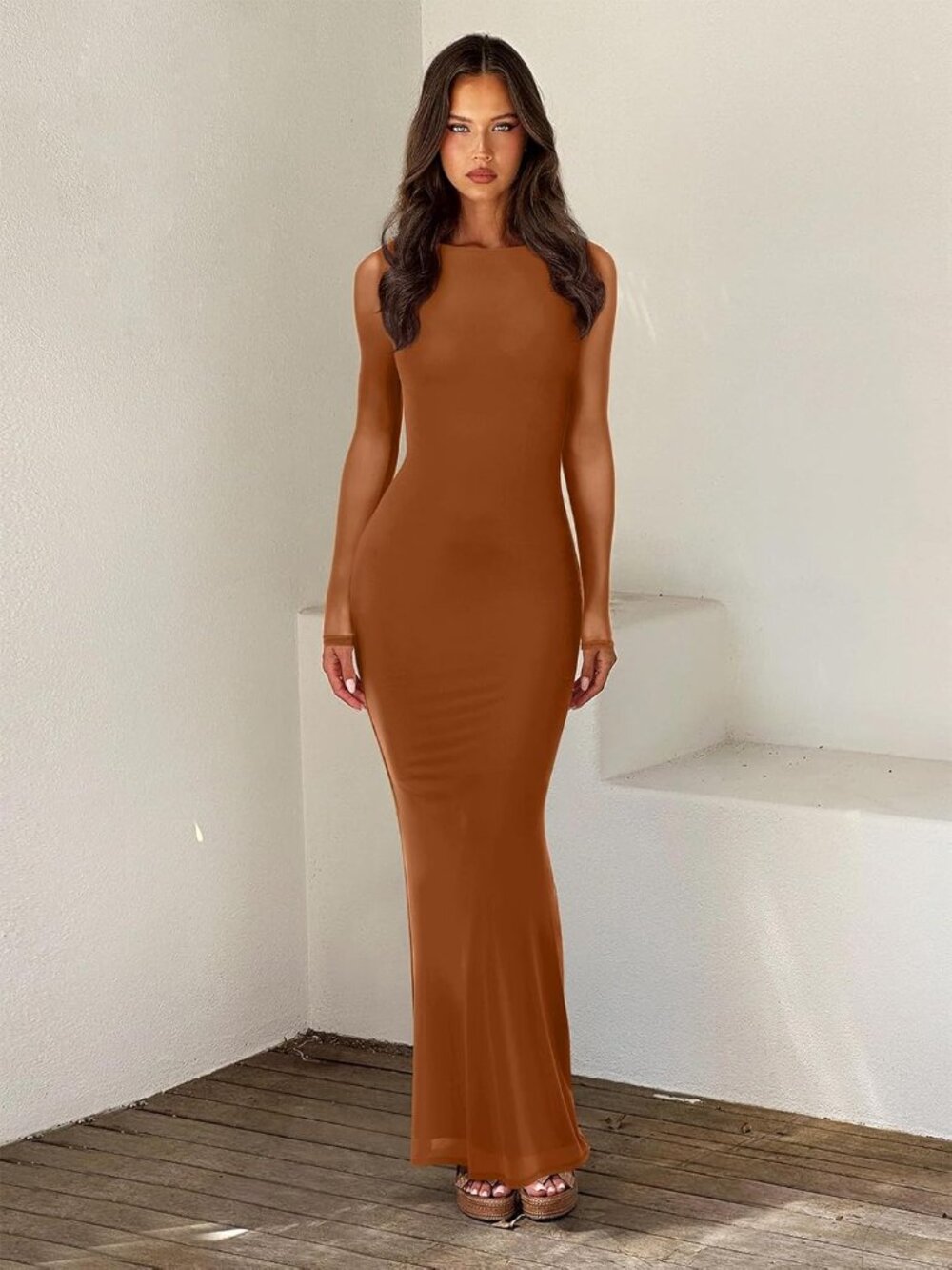 Women's Brown Spring Mesh Sheer Long Sleeve Floral Bodycon Maxi Dress - Picture 4 of 6